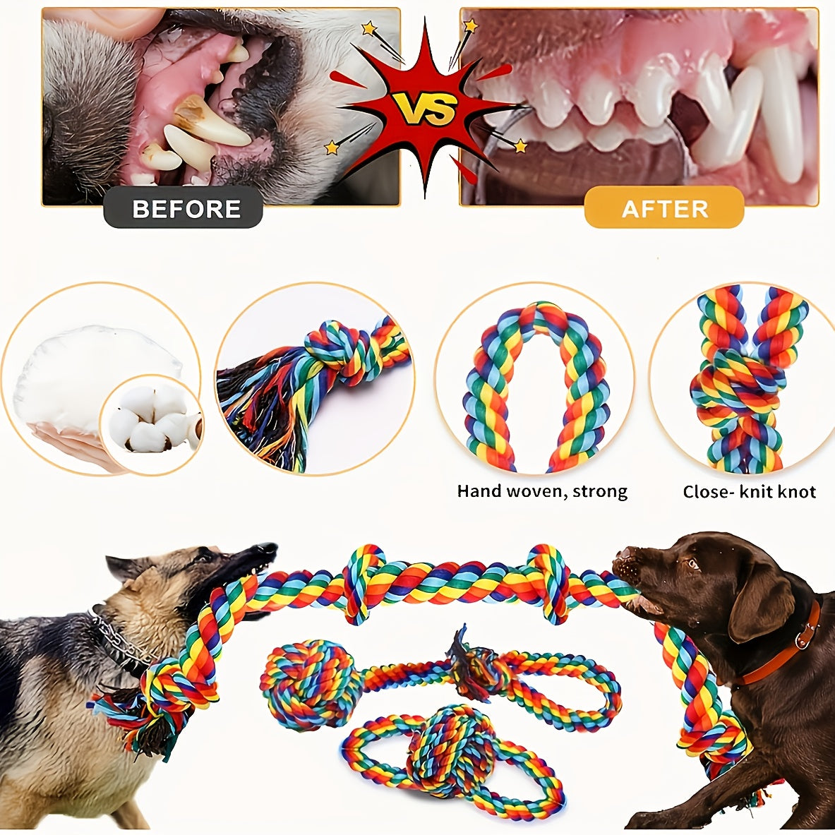 Durable 6-Pack Cotton Blend Dog Rope Toys for Medium to Large Breeds - Great for Teething and Tug of War".