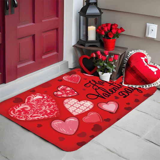 Valentine's Day Welcome Doormat in Love Theme, Crafted from Non-Slip Polyester Flannel, Easy to Wash in Machine, Resistant to Stains & Water, Low Pile Design, Machine-Made, Perfect for Entryways & Bathrooms, Ideal Valentine's Day Gift.