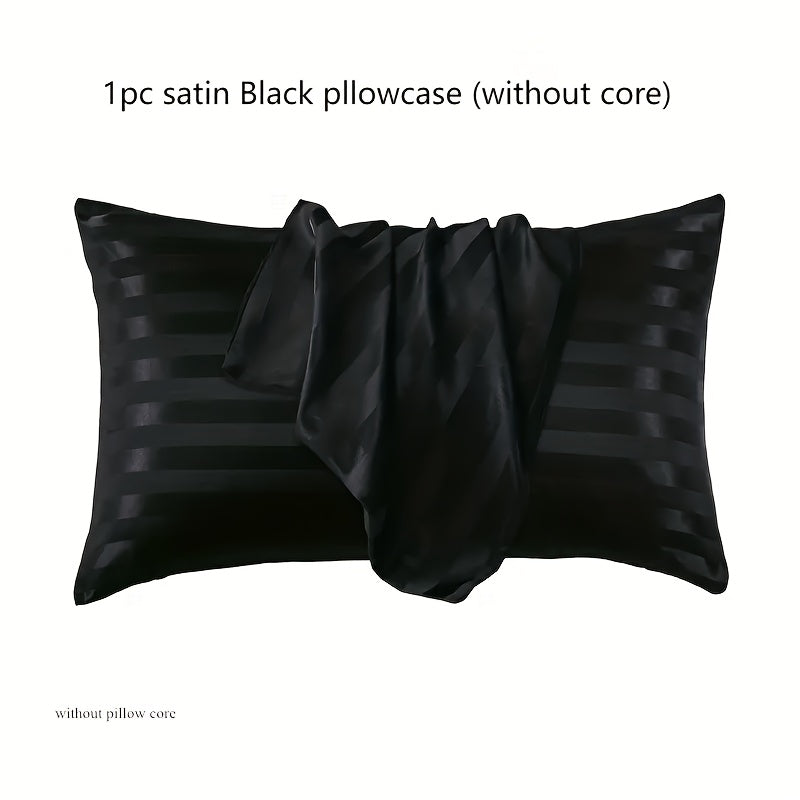 Black pillow cover for bed made of hypoallergenic polyester with a satin stripe design. Machine washable and wrinkle resistant.