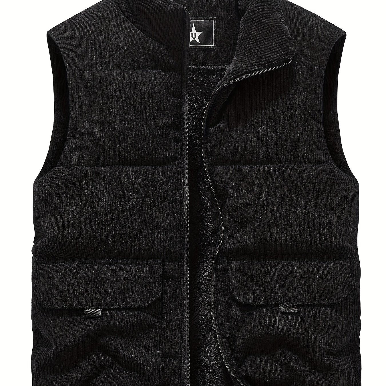 JPDUN Men's Winter Vest, Casual Stand Collar, Thick Plush Polyester, Solid Color, Multi-Pocket Outdoor Workwear, Warm Camisole Jacket, Loose Fit, Woven, Non-Stretch.