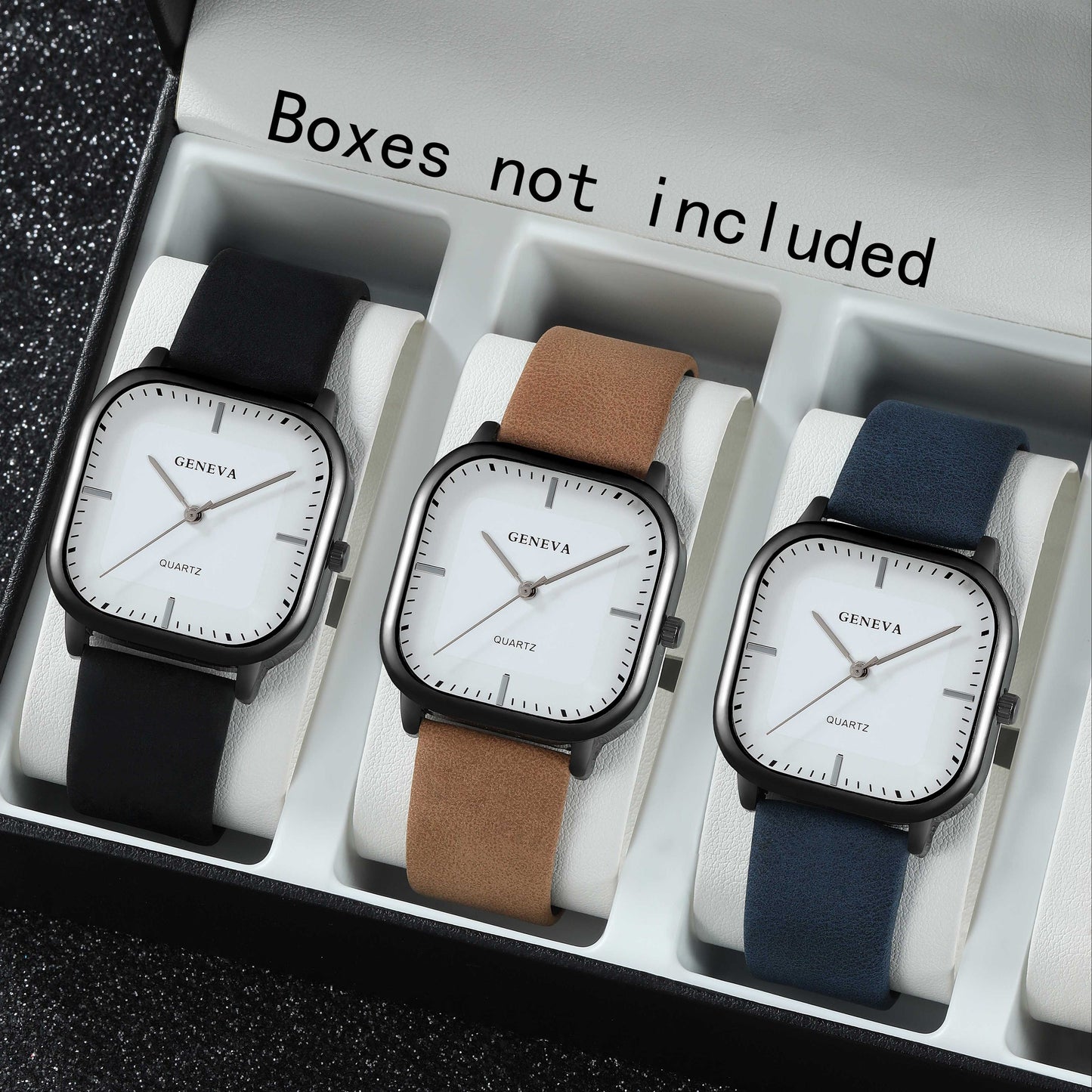 3-Pack of Women's watches featuring a simple solid color, elegant business casual design with a square case, PU leather strap, alloy body, quartz movement, and a non-wireless