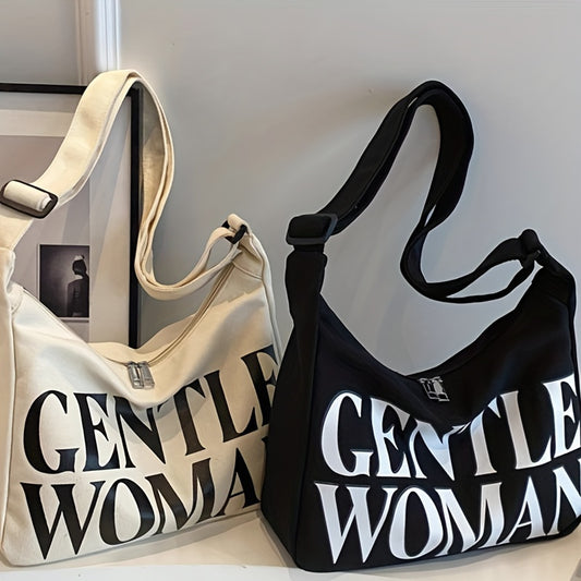 Chic letter print tote bag with zipper closure, suitable for casual work and class. Single strap design with polyester lining in black and white.