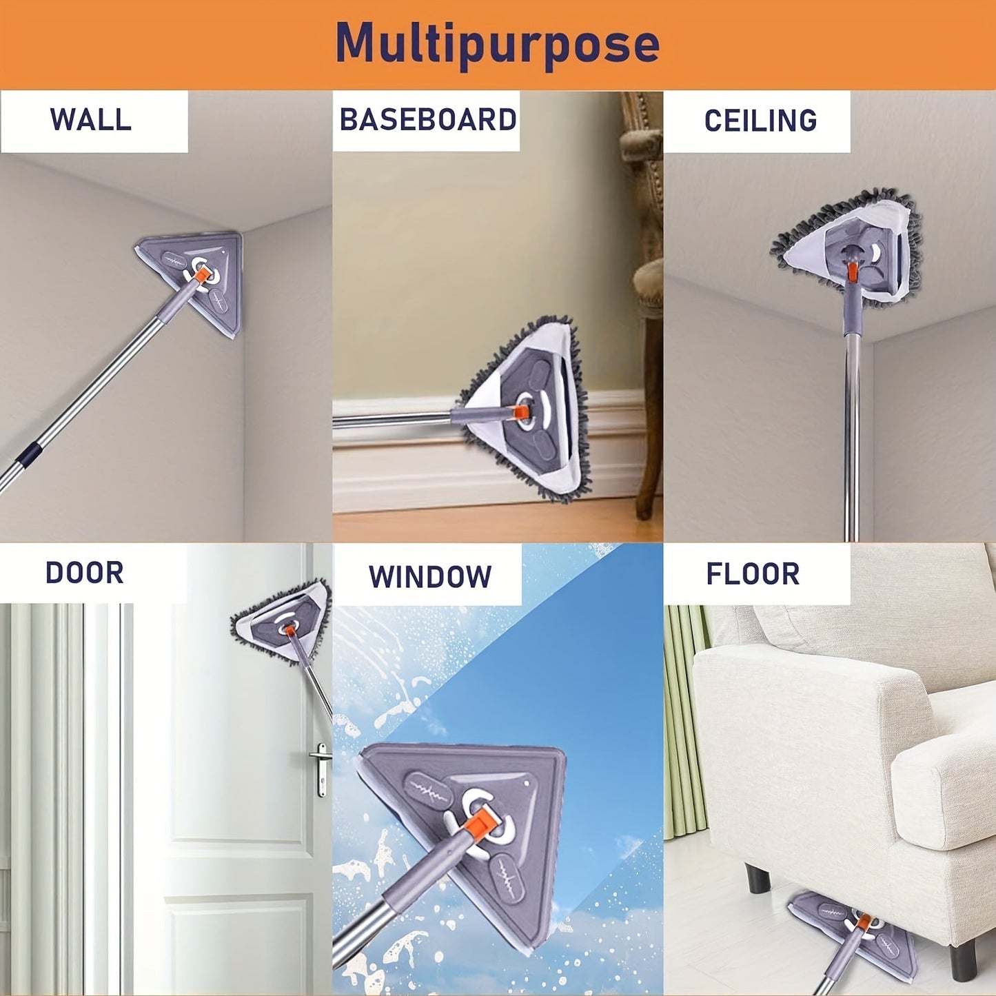 This wall cleaning mop features a long handle and includes 6 refill pads. The extendable mop can reach lengths between 63.5 and 215.9 cm and has a triangular shape for easy access to walls, ceilings, windows, and floors. It comes with a mop holder and