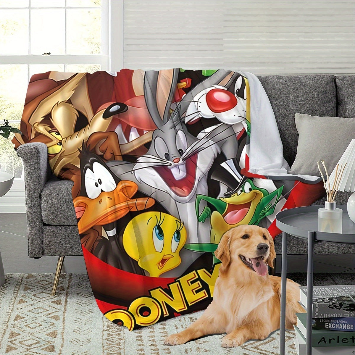 Looney Tunes Cartoon Characters Printed Polyester Knitted Blanket - Modern Design, Versatile Throw for Bedroom, Couch, Bed, Travel - High-Quality Digital Print, Lightweight 200-250gsm Blanket