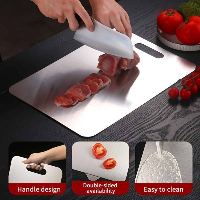 Durable Stainless Steel Cutting Board, with double-sided design, measuring 22.99 x 34.04 cm. This metal cutting board is food-safe, easy to clean, and suitable for cutting meat, vegetables, and fruits.