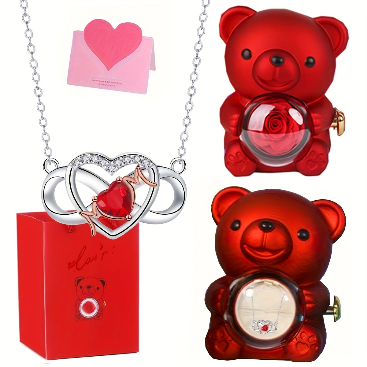 One piece of a Red Bear Rotating Soap Rose Gift Box featuring a Love Letter Pendant Necklace, made with Synthetic Zirconia and Copper materials. This simple party style gift is perfect for Mother's Day, festive celebrations, and all seasons.