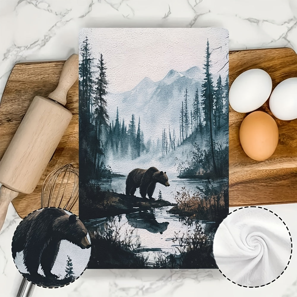 Set of 2 luxurious kitchen towels featuring a majestic grizzly bear in a wilderness scene. These ultra soft towels are highly absorbent, machine washable, and designed in a contemporary style. Each towel measures 40.64x60.96 cm.