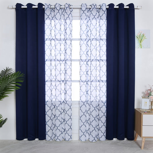 Blackout Curtains and Sheer Panels with Snowflake Pattern, Including Rods, Indoor Set of 4, Weighing 200 Grams in Total.