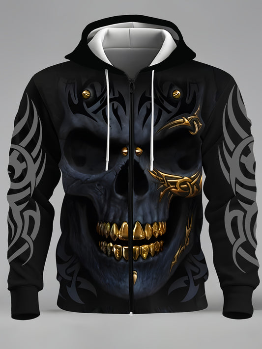 Men's casual hoodie with zipper pocket, featuring a 3D skull print and stretchy polyester knit fabric.