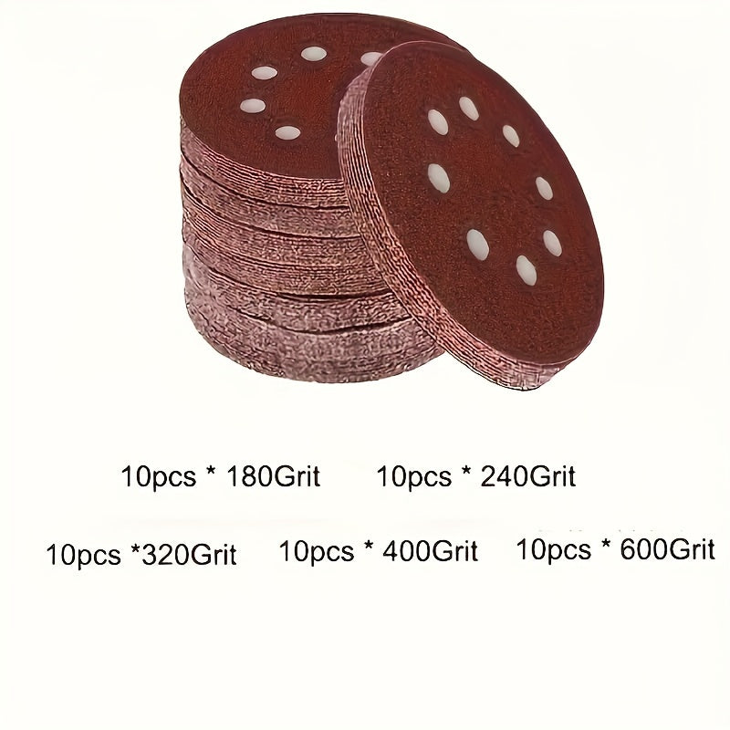 100 5-inch 125mm circular sandpaper with 8 holes, hook and ring system, used for polishing.