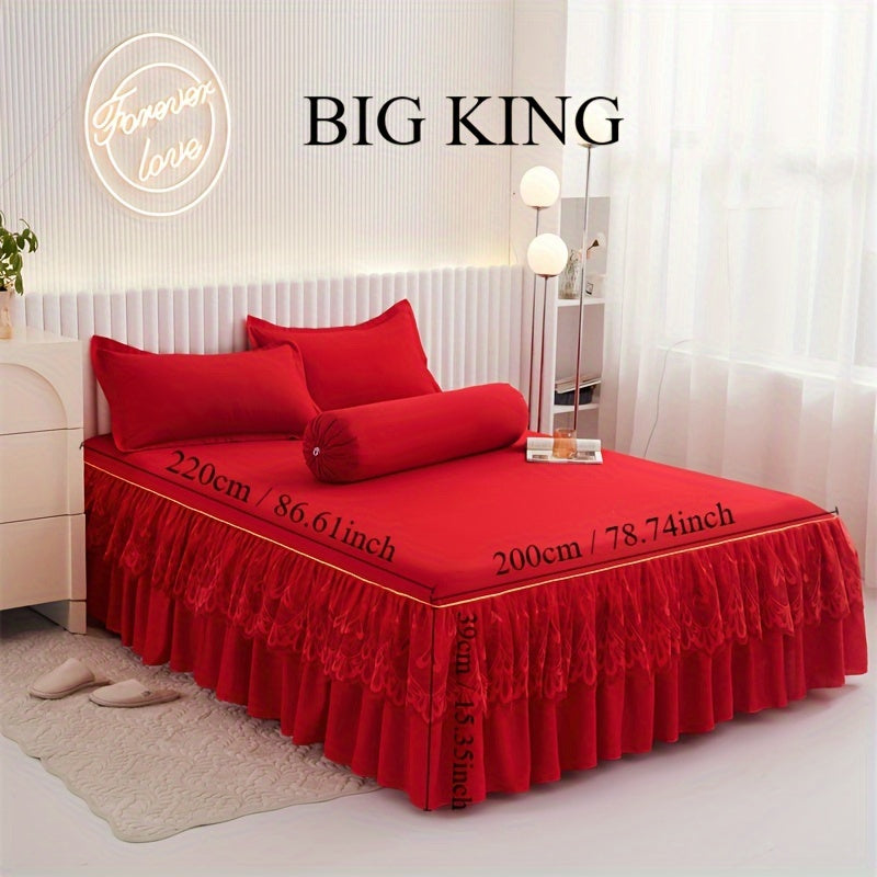 Chic 3-Piece Bed Skirt Set Featuring Double Layer Lace - Comes with 1 Bed Skirt and 2 Pillowcases, in a Solid Color. Non-Slip and Perfect for All Seasons, this Set is Machine Washable for easy care.