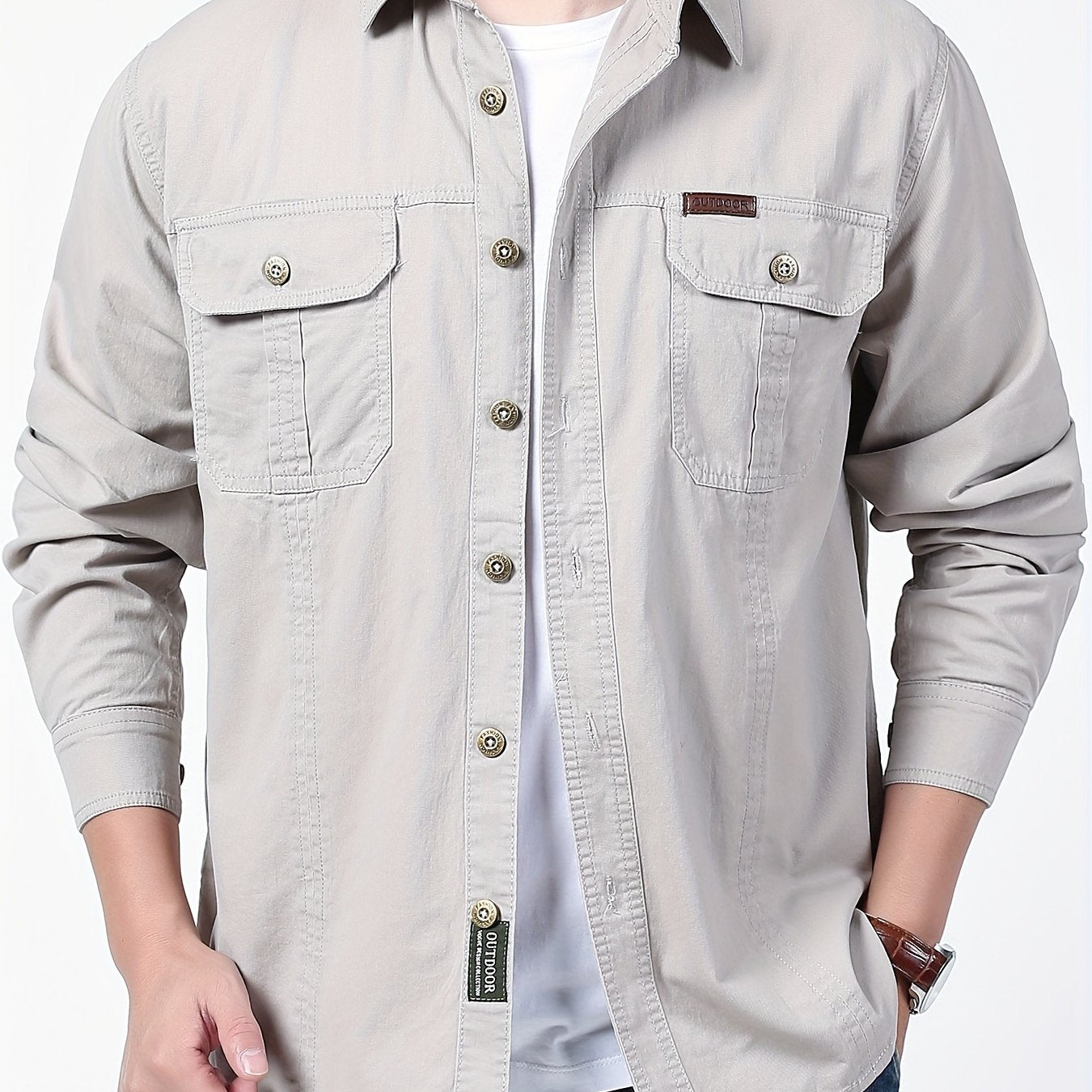 Casual cotton cargo shirt for men, with square neck, regular fit, solid color, 100% non-stretch woven fabric, suitable for spring/fall season, featuring pockets - 170g/m².