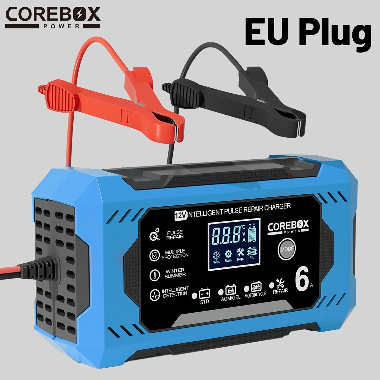 COREBOX EU Plug Battery Charger for vehicles and machinery with LCD Display, 12V 6A. Suitable for Lead Acid batteries.