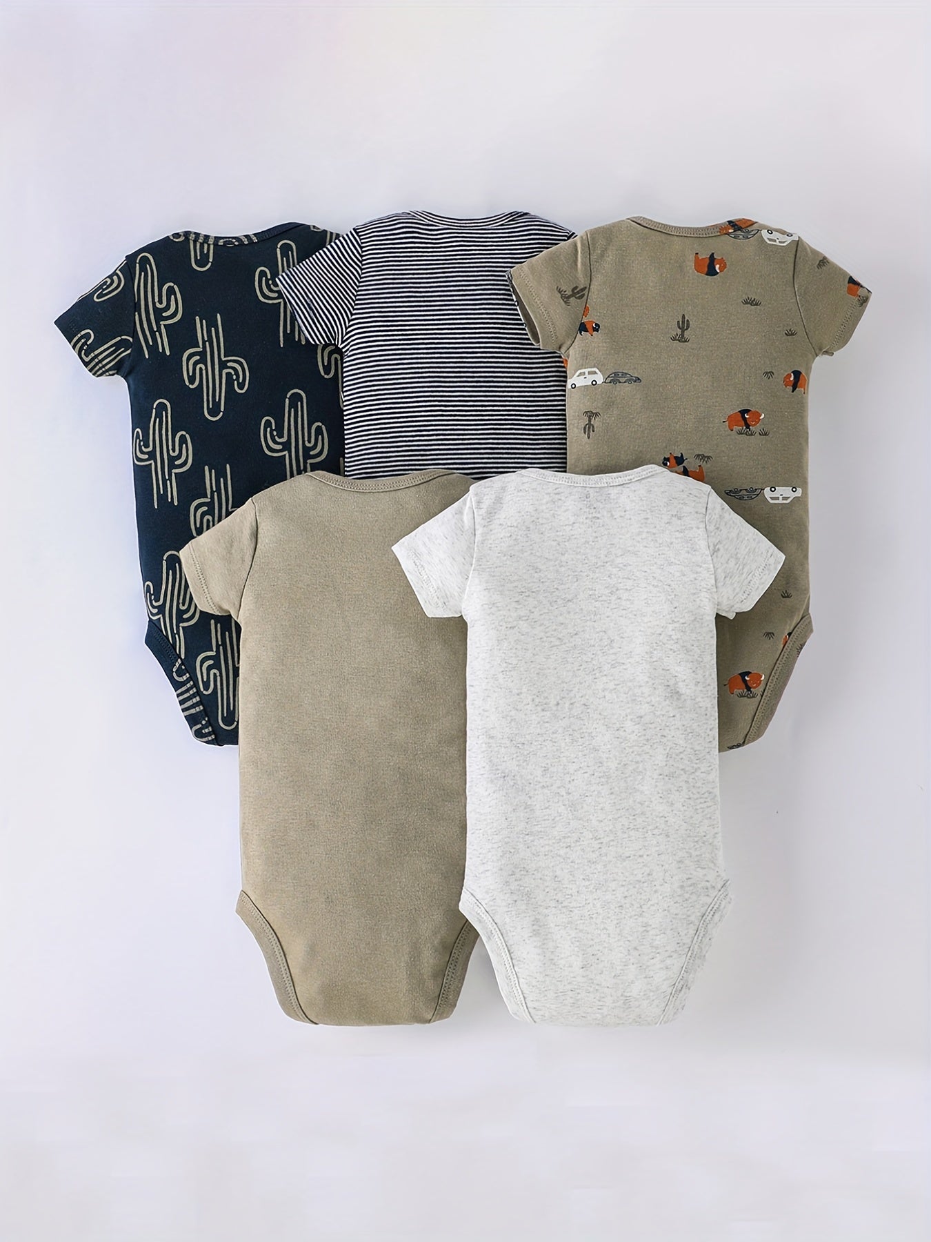 5-piece cotton romper set for babies and toddlers featuring cartoon prints, short sleeves, and round neck. Ideal for summer and outdoor activities. Triangle onesie included.