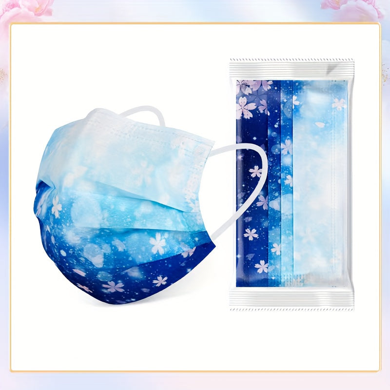 Disposable fashion face covering for adults, featuring 30 pieces of 3-layer breathable face scarf masks made of woven polypropylene. These masks are elastic, sun-proof, and come in a variety of floral and starry sky patterns. They have wide ear loops