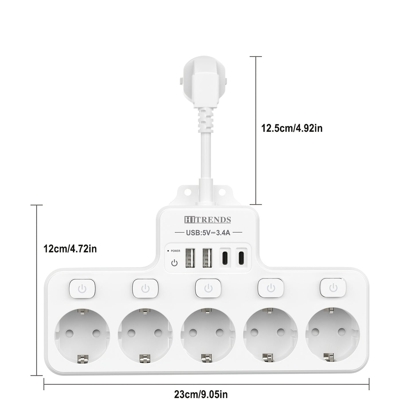 9-In-1 power strip with USB, 5 EU sockets, 2 USB-A and 2 USB-C ports, flexible cable sockets, wall-mounted design, ideal for home, kitchen, office, and travel.