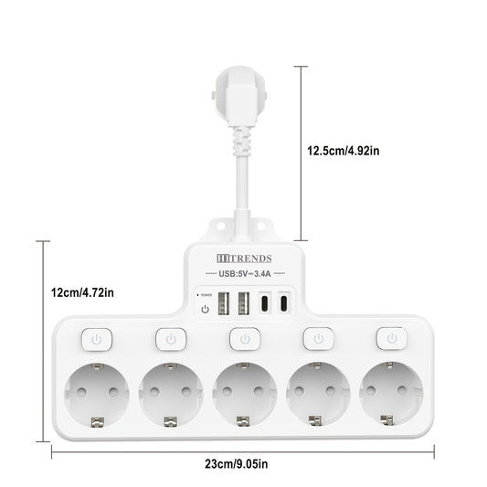 9-In-1 power strip with USB, 5 EU sockets, 2 USB-A and 2 USB-C ports, flexible cable sockets, wall-mounted design, ideal for home, kitchen, office, and travel.