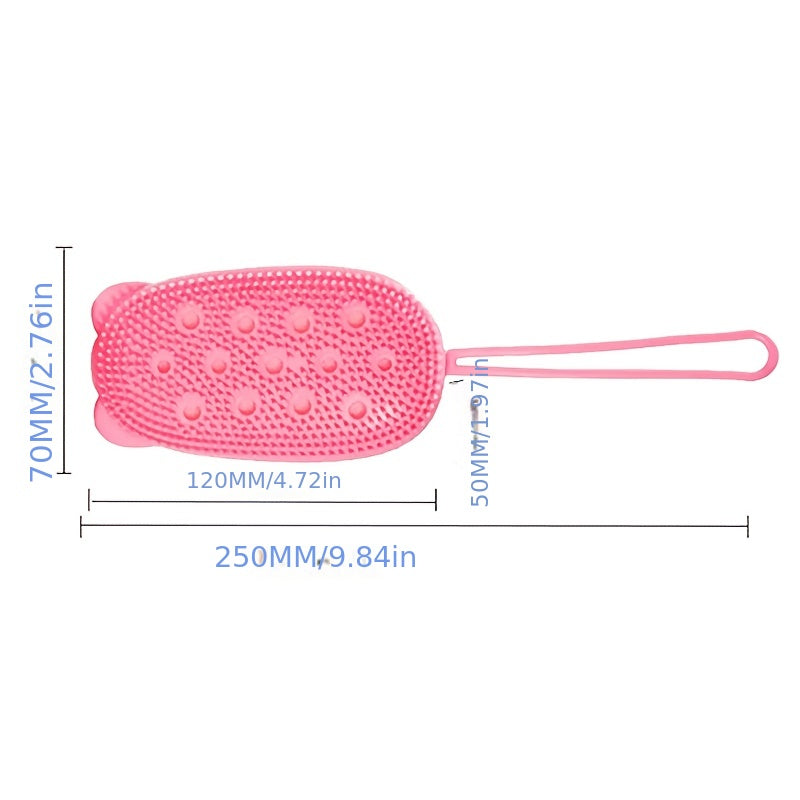 Silicone body scrubber for exfoliating and cleaning in the shower.