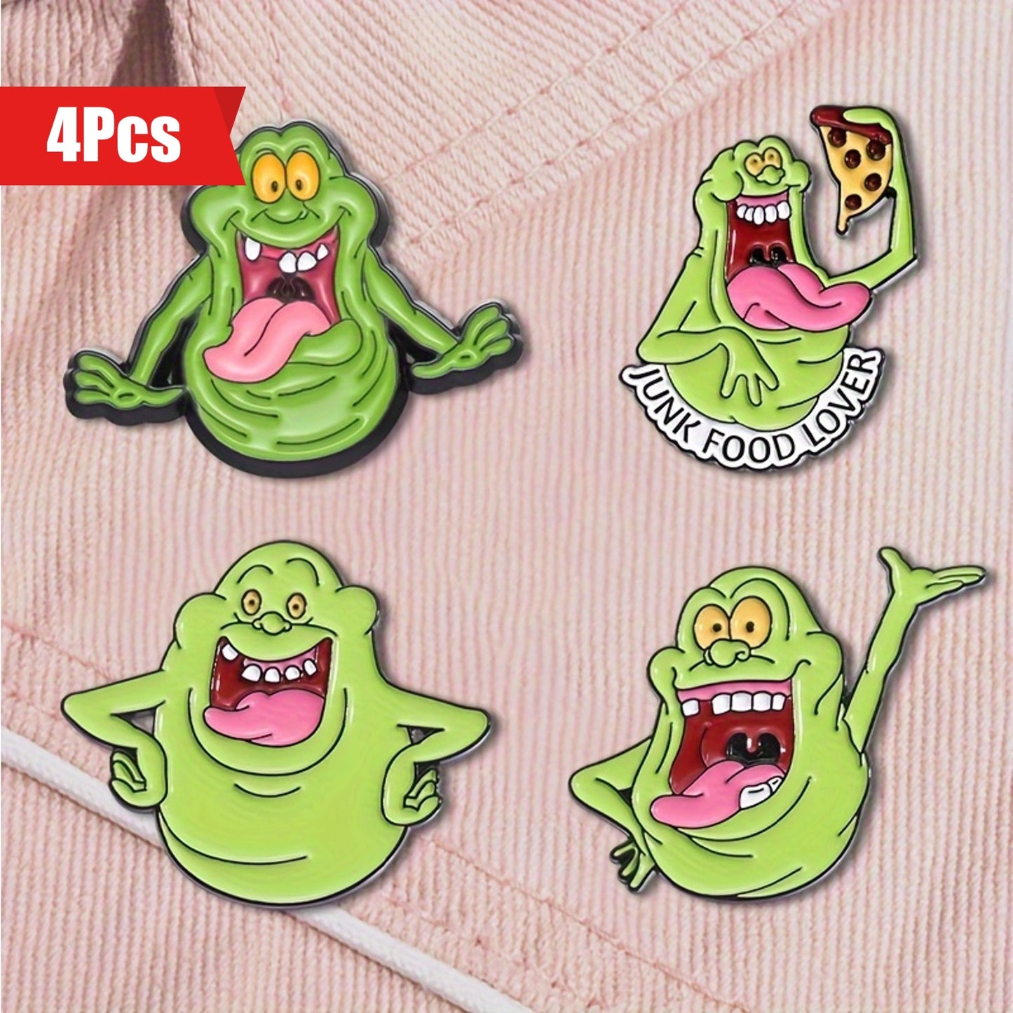 Set of 4 Cartoon Badges featuring Adorable Green Monsters - Made of Alloy, Cute Cartoon Design, Animal-Shaped Jewelry Brooches for Fashionable Friends and Family. Perfect for Holiday Clothing Accessories.