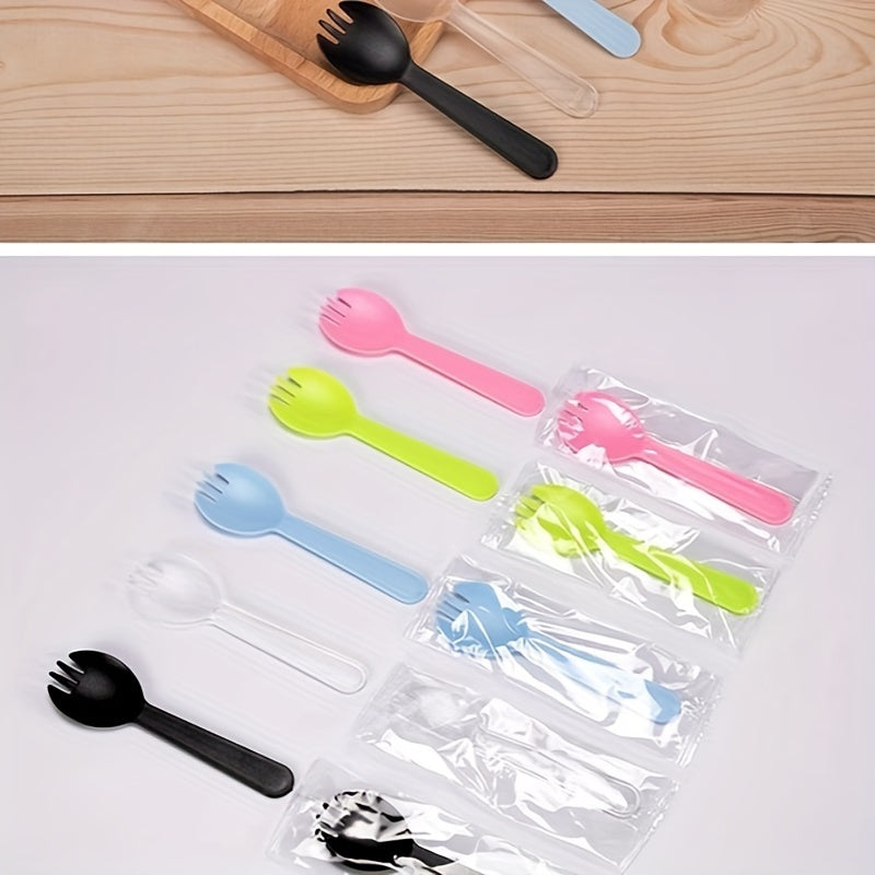 50 or 100 pieces of disposable spoons and forks, each in independent packaging. Made of plastic, these ice cream forks are perfect for desserts. Sporks are also included in this set. These thickened cake and dessert spoons are ideal for use in the home