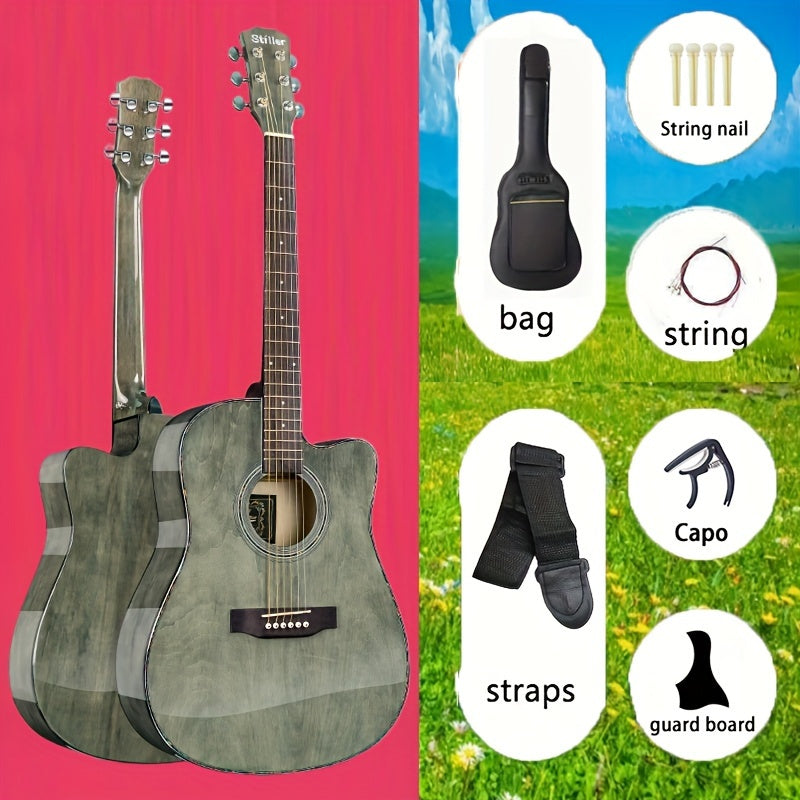 DLASO Beginner Acoustic Guitar 101.6cm with Rosewood Fingerboard, Spruce Top, Maple Neck, and Basswood Back & Sides. Includes bag, straps, pick, connecting line, and tuner.