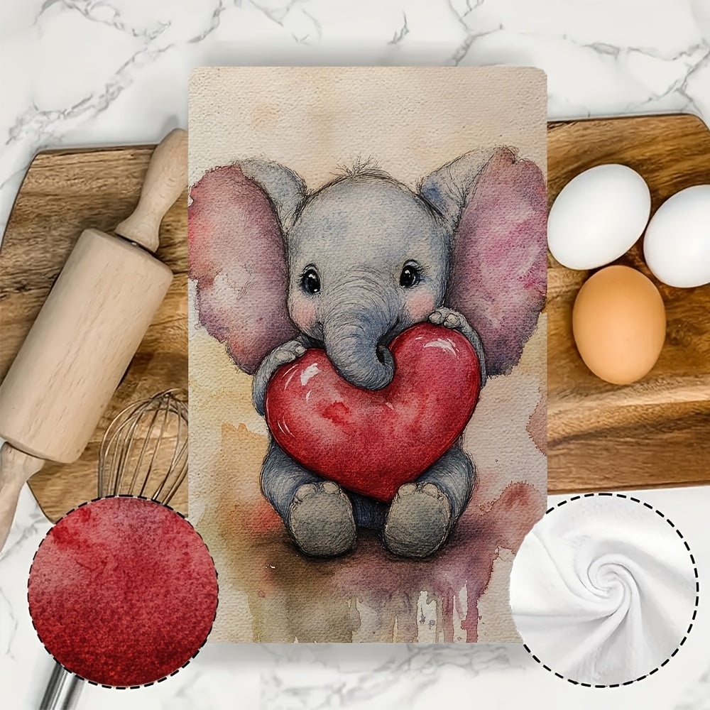 Pair of 2 incredibly soft kitchen towels with a charming baby elephant print, great for celebrating Valentine's Day. These super absorbent dish towels are easy to clean in the washing machine and come in a generous size of 40.64x60.96 cm, making them