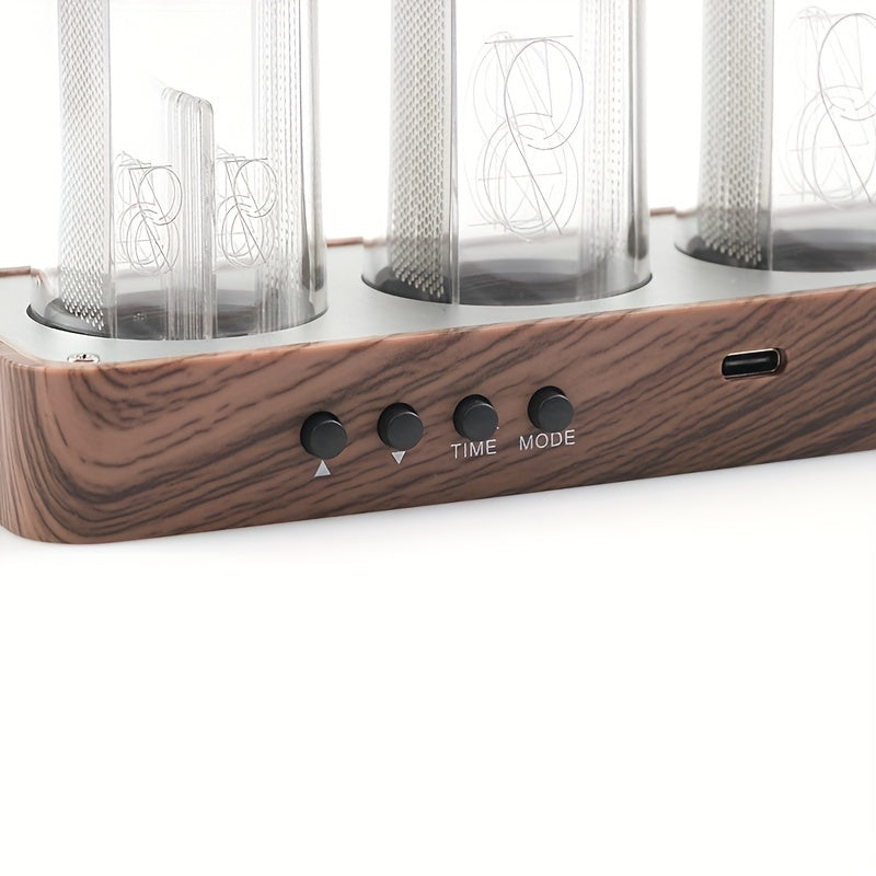 ClocTeck Nixie Tube Clock with Wi-Fi time calibration, alarm, and 12/24h display in walnut finish - no assembly required. A unique retro gift for friends.