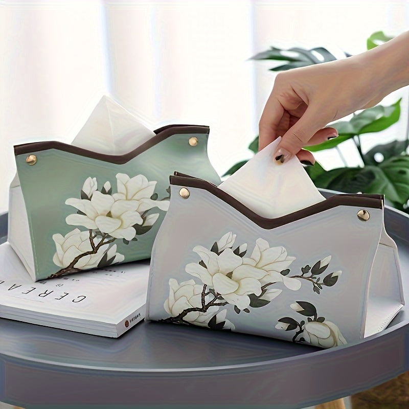 PU leather tissue box with floral print, suitable for bathroom or living room décor.