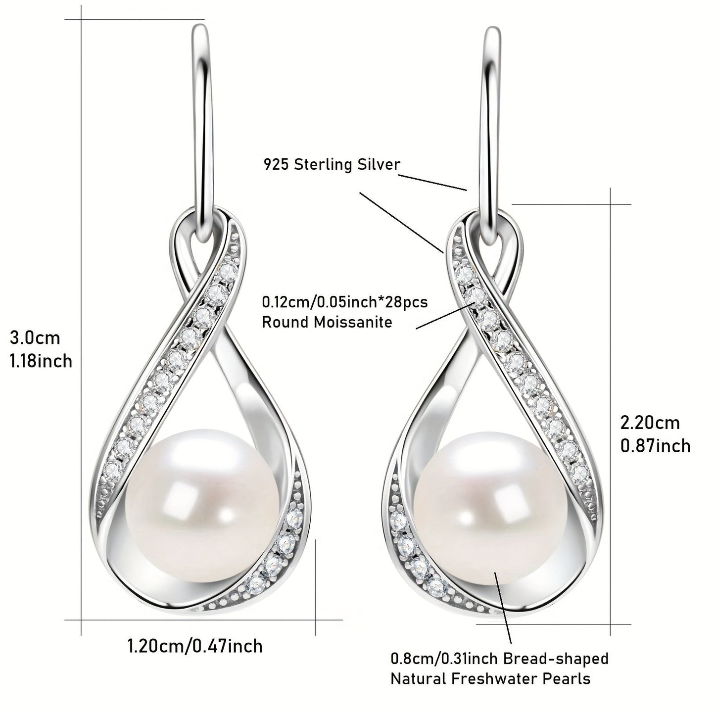 Pair of pearl earrings featuring natural freshwater bread beads measuring 8mm and adorned with 28 pieces of 1.2mm moissanite stones, totaling 0.224 carats. Crafted in 925 silver, these earrings boast a silvery gram weight of 3.7g. The design showcases a