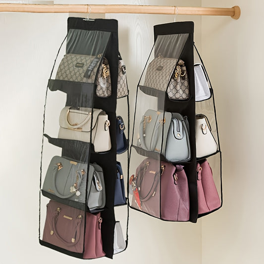 Elegant fabric wall hanging closet organizer with secure pockets in black & dark grey.