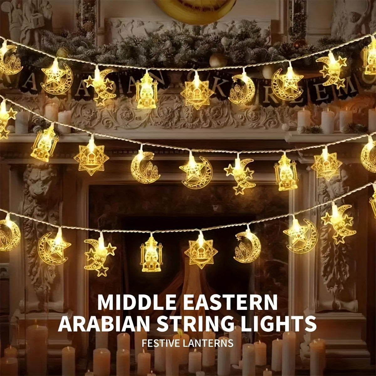 Battery-powered LED string lights designed as decorative palace lanterns featuring stars, moon, and castle design for Middle Eastern festivals and celebrations. Perfect for hanging or