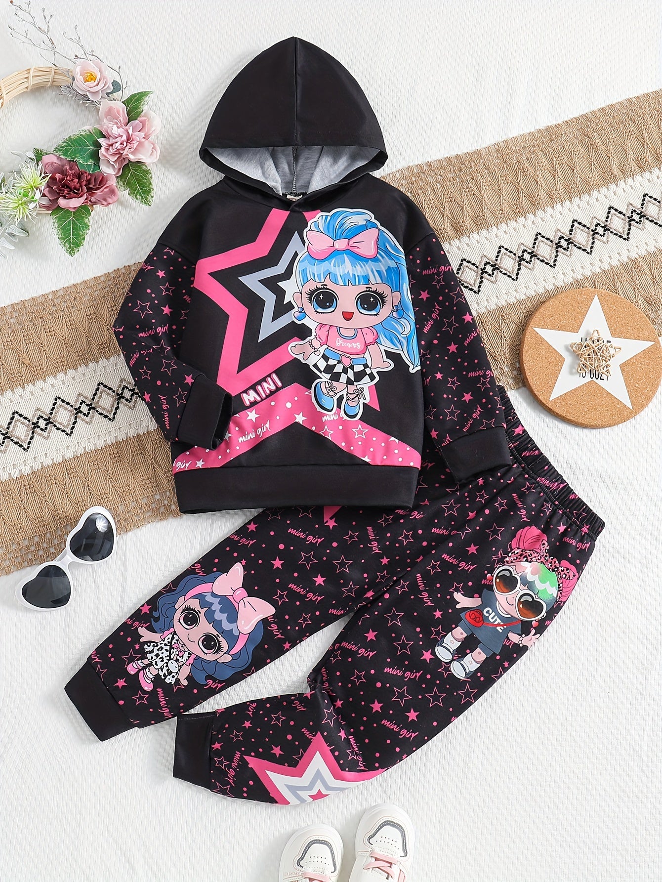 2pc Mini Girl Graphic Outfits: Hoodies + Jogger Pants