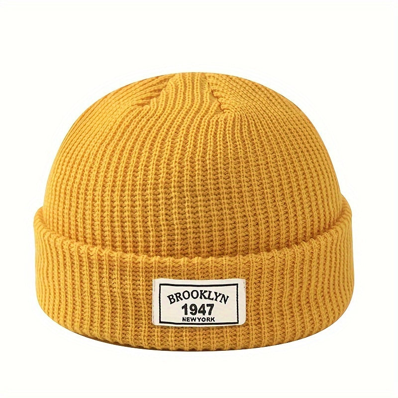 Knitted beanie for men - warm and elastic winter hat with letter patch, perfect for active leisure and holiday gifting, including Valentine's Day.