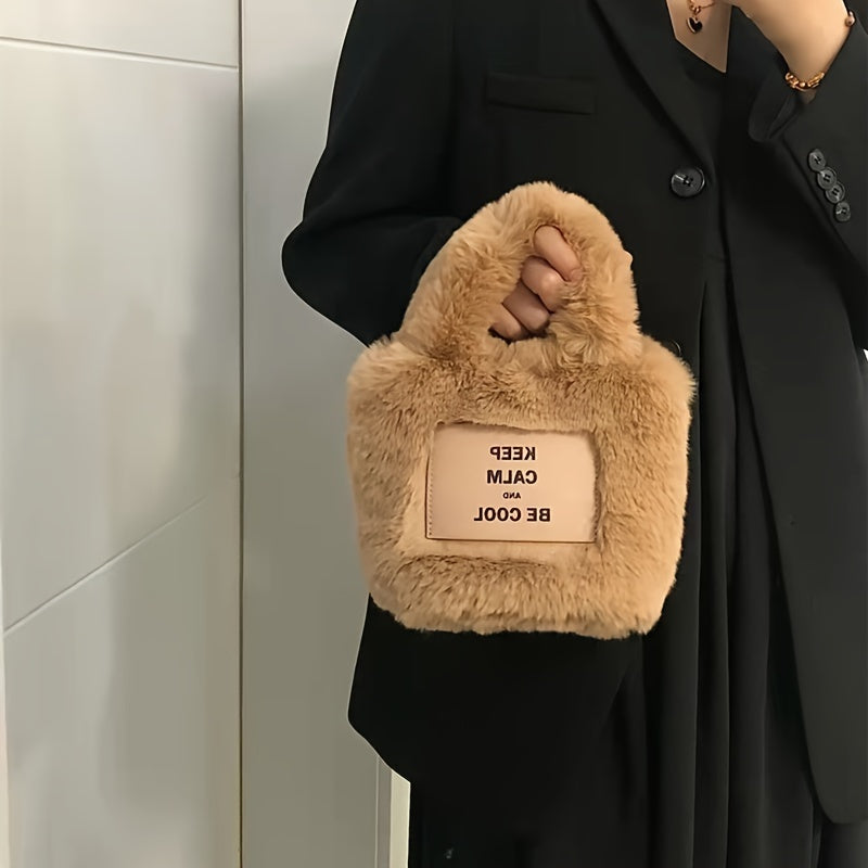 Stylish khaki bucket bag for women with faux fur, magnetic closure, spacious interior, fluffy texture, and secure shoulder strap.