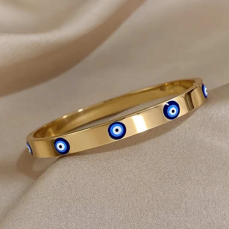 Chic Golden Stainless Steel Bracelet featuring Blue Evil Eye Charms & Glittering Rhinestones - Perfect for Boho Chic or Casual Outfits, Great Present for your Girlfriend, Stunning Stainless Steel Bracelet, Ideal Gift Option