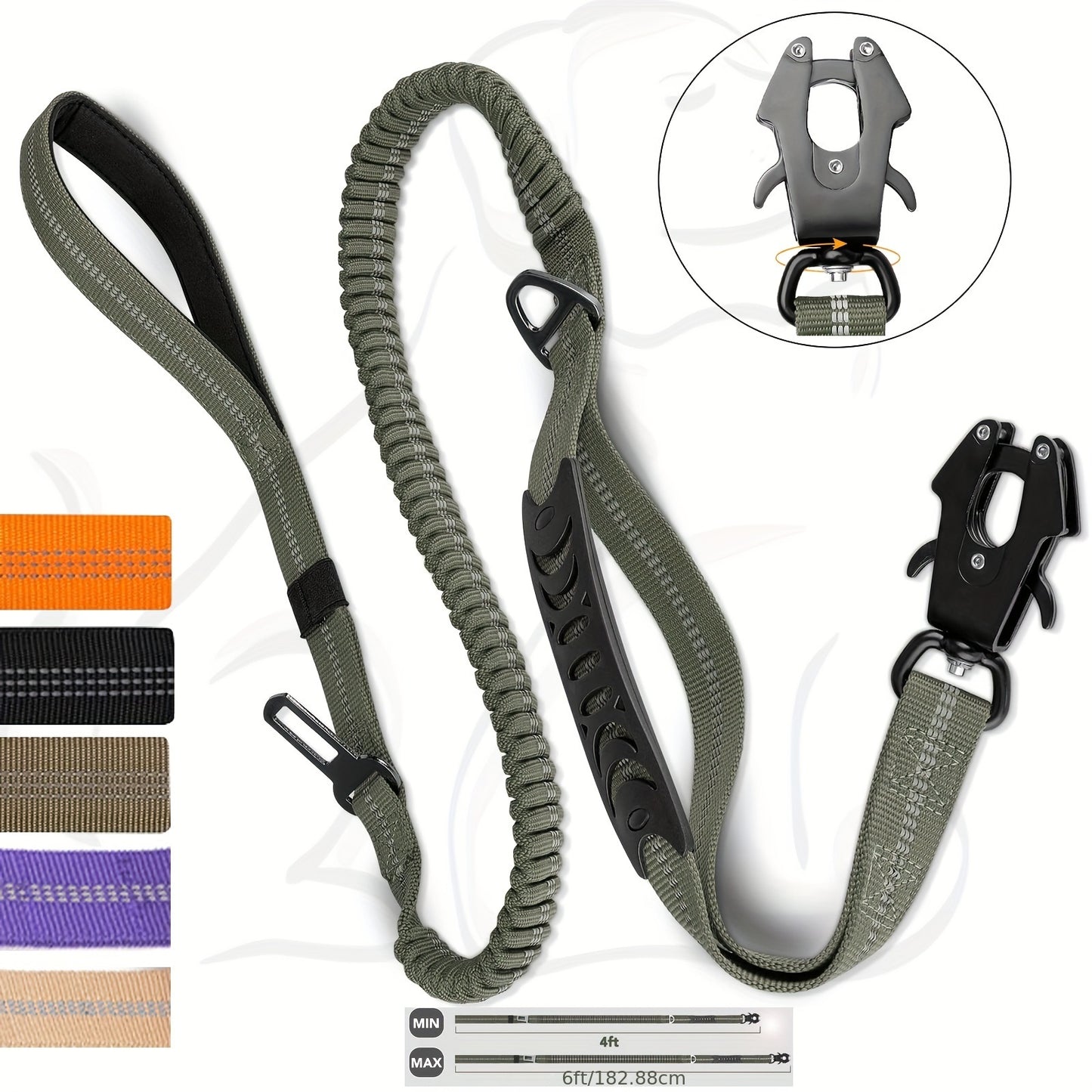 Durable tactical bungee dog leash with quick release carabiner, reflective design, and car seatbelt attachment for medium to large dogs in khaki, black, army green, and orange.