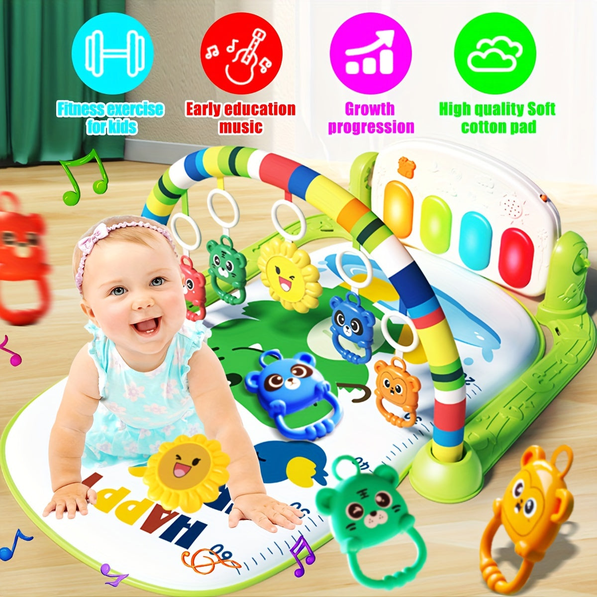 Interactive infant play gym with music and piano, educational play center for ages 0-3 years, assembly required, includes random color accessories. Perfect gift idea.