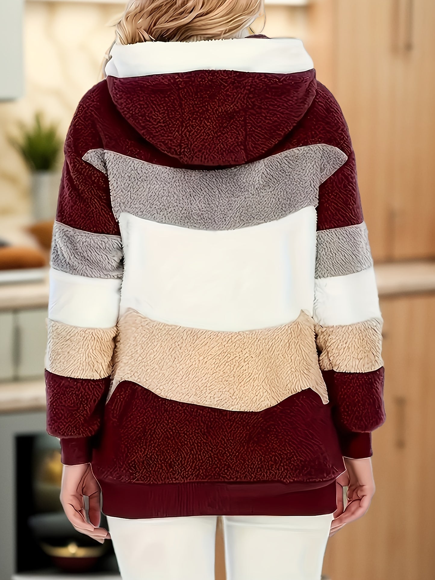 Winter lounge top for women with colorblock design, thick fleece, front zipper, hood, and drawstring coat. loungewear.