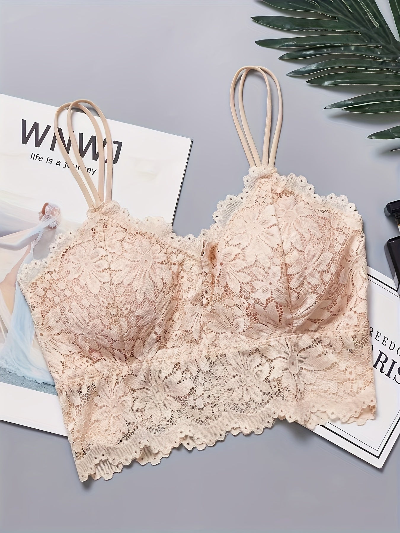 5 floral lace wireless bras for women, full cup with polyamide and spandex knit fabric, mature style with contrast lace detail and removable padding.