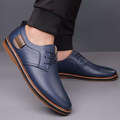 Men's fashion street style dress shoes with solid color microfiber synthetic upper, round toe, rubber sole, lining & insole, low top lace-up for daily & casual wear in spring/fall season.