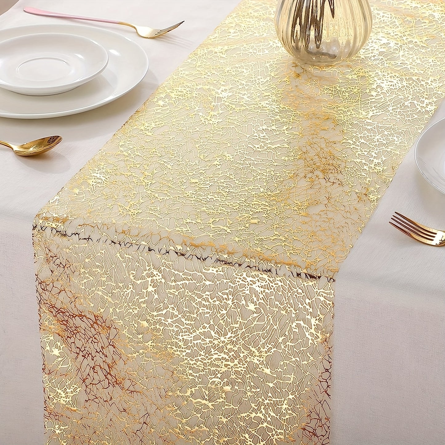 1pc Golden Table Runner with Glitter Metal Foil Mesh, Ideal for DIY, Weddings, Parties, and Home Decor.