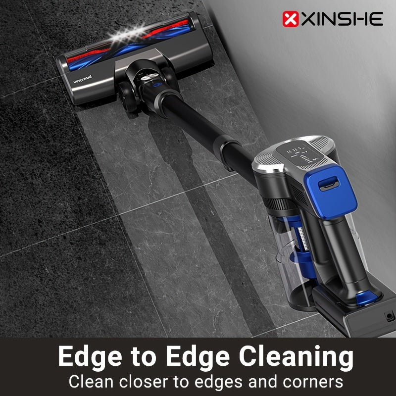 The XINSHE Handheld Vacuum Cleaner offers powerful 40,000Pa suction, with an LED display and long-lasting 40-minute battery. Perfect for tile, blanket, and hardwood floors, it is cordless with a rechargeable lithium battery and meets European standards.