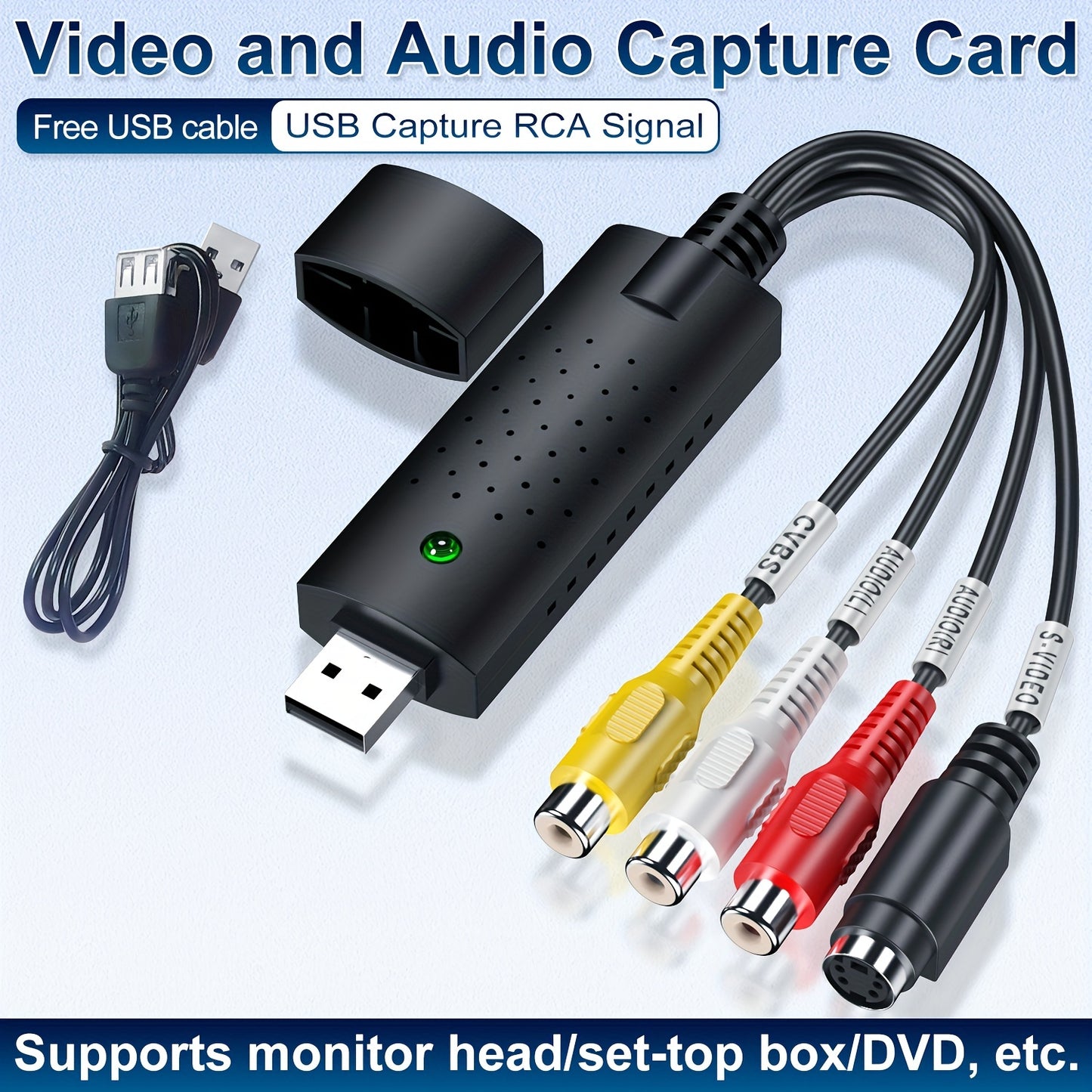 USB video capture card converts RCA to HD 720P for VHS, VCR, Hi8, DV tapes. Works with PC & Mac, PAL/NTSC compatible.