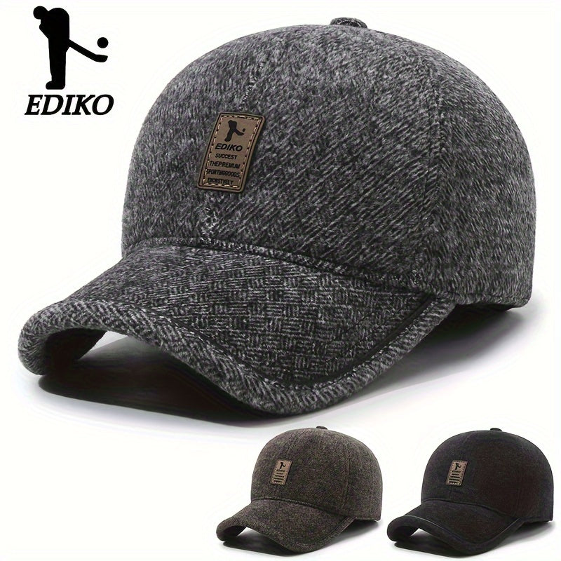 Winter baseball cap for men with ear flaps, fleece-lined and windproof for outdoor activities.