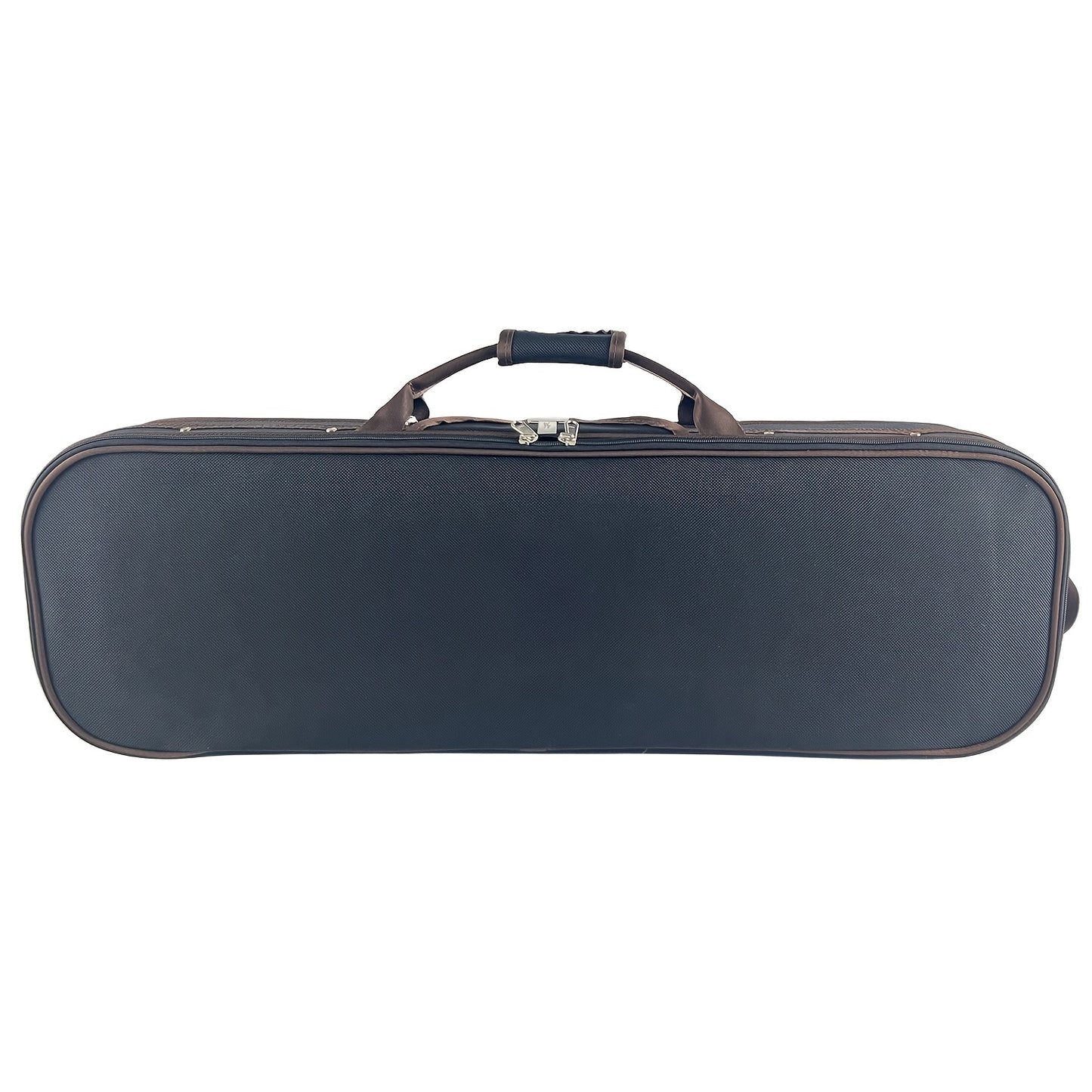 Square violin case with hygrometer and foam padding, black and gold.