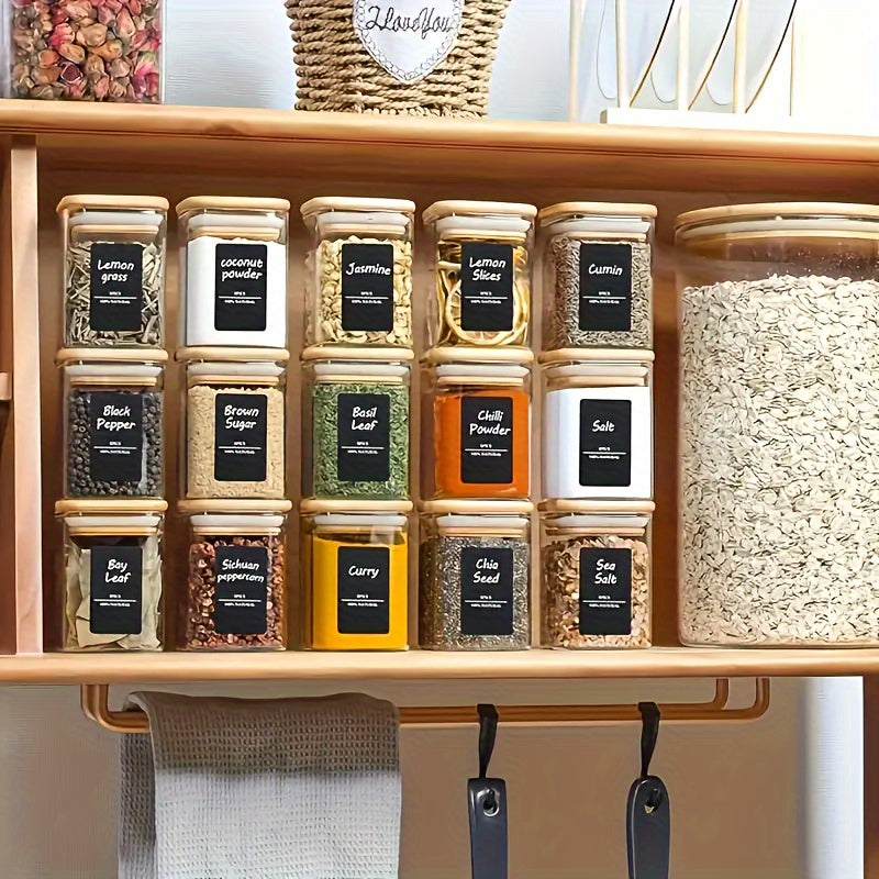 Set of 12 square glass spice jars with bamboo lids - designed to be airtight, waterproof, and heat-resistant. Perfect for storing salt, pepper, sugar, and other spices. Comes with labels and marker for easy organization and identification.