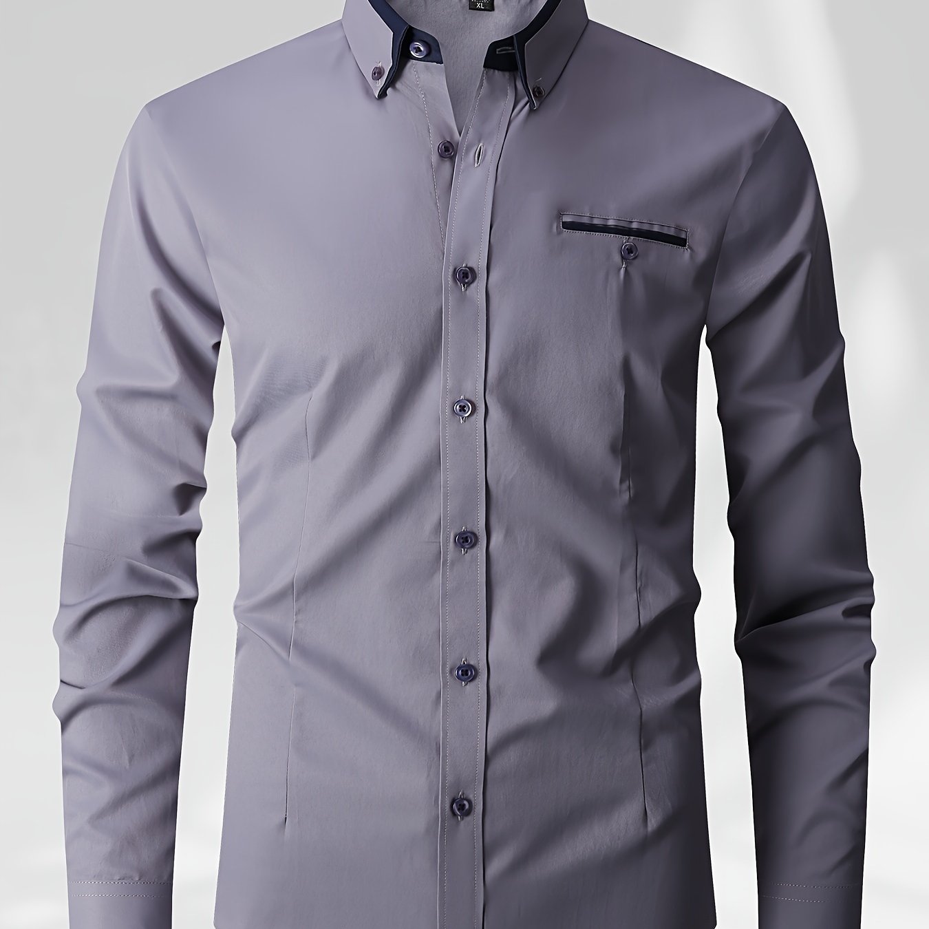 Men's color block shirt, made of 60% polyester and 40% cotton, with long sleeves, regular fit, lapel collar, and button details. Made of woven fabric, non-stretch, and suitable for work