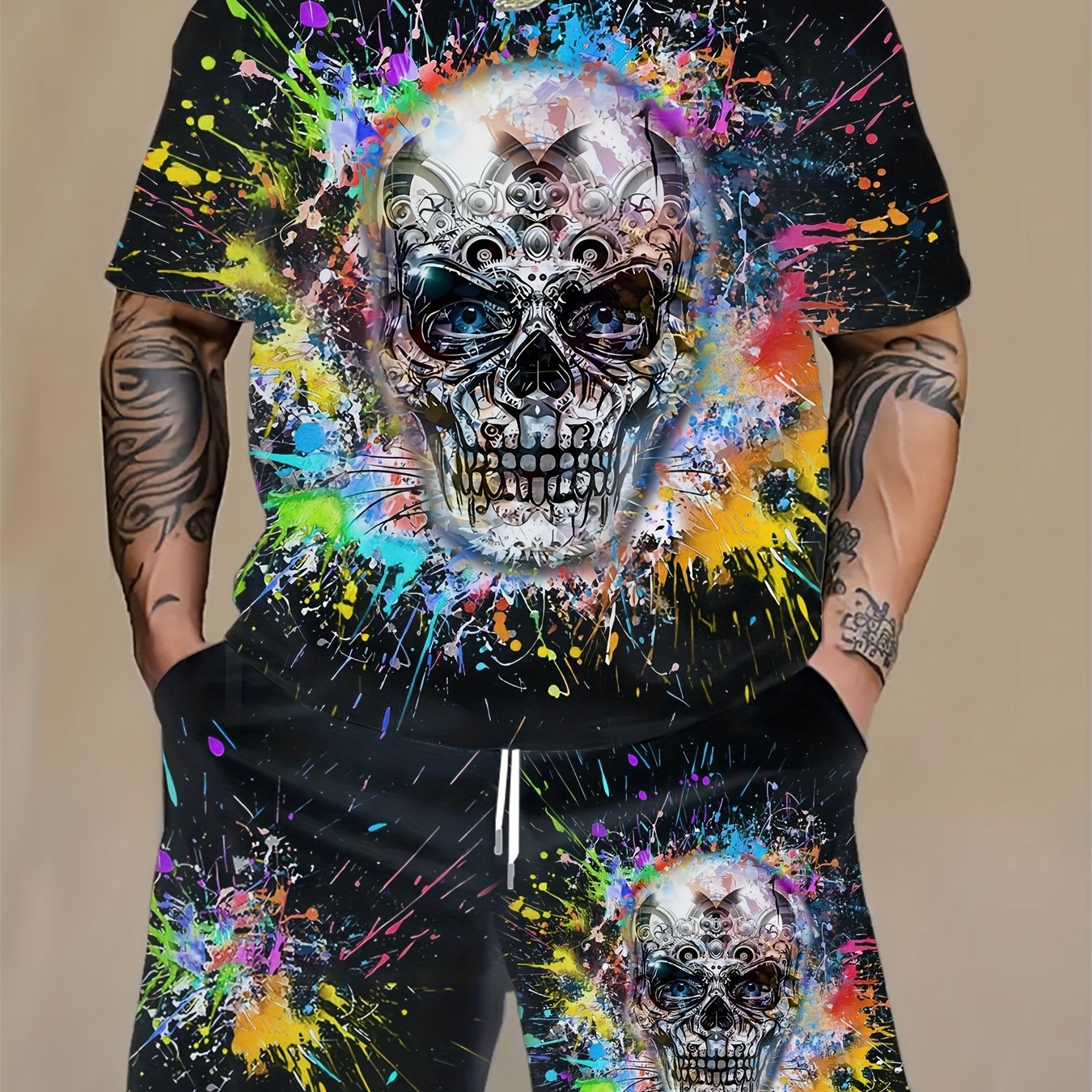 Men's plus size 2-piece set with skull print crew neck t-shirt and drawstring pocket shorts in 100% polyester knit fabric with slight stretch and regular sporty fit. Features vibrant paint