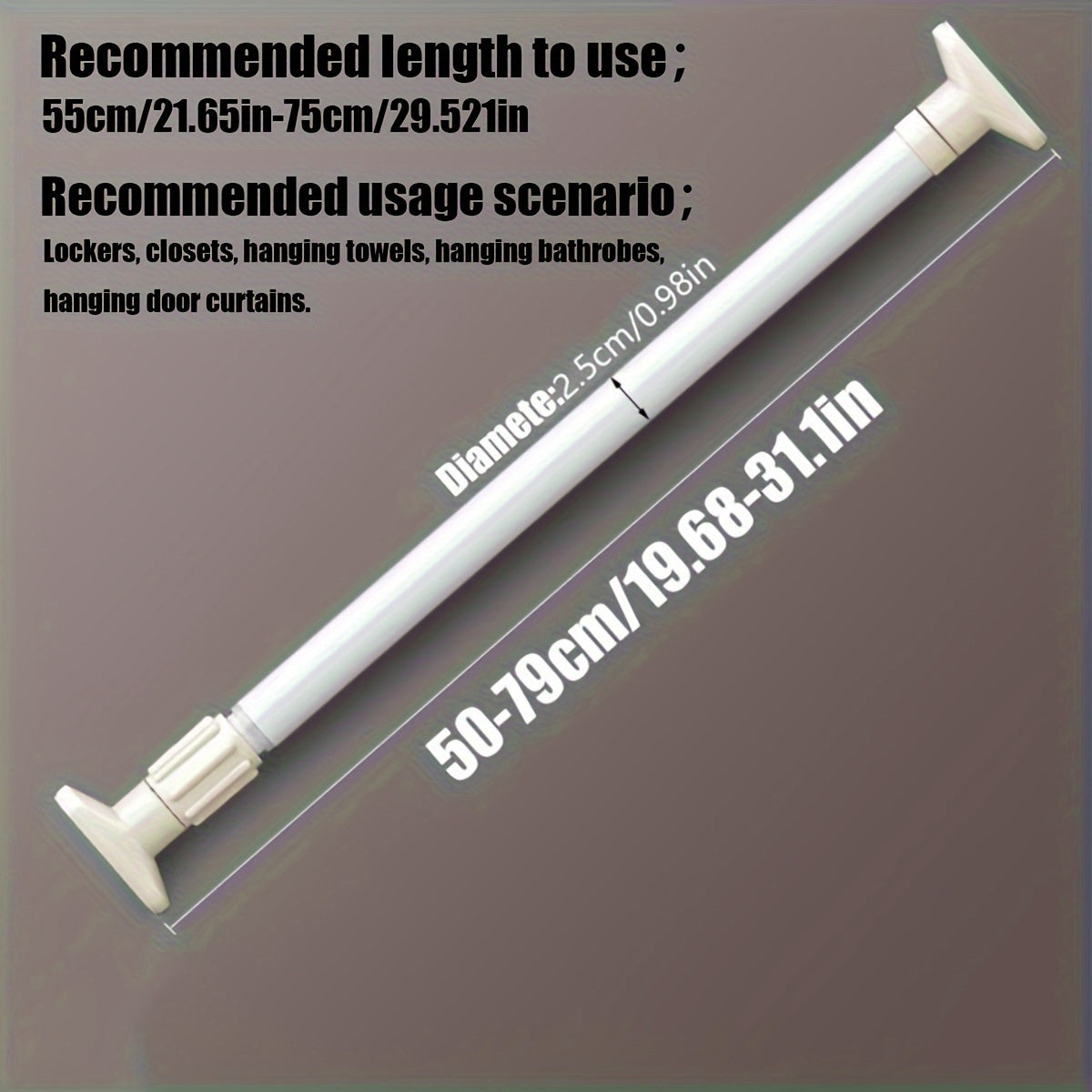 Adjustable tension curtain rod for shower, closet, window, or towel rack. Heavy-duty, no-drill, metal and plastic.