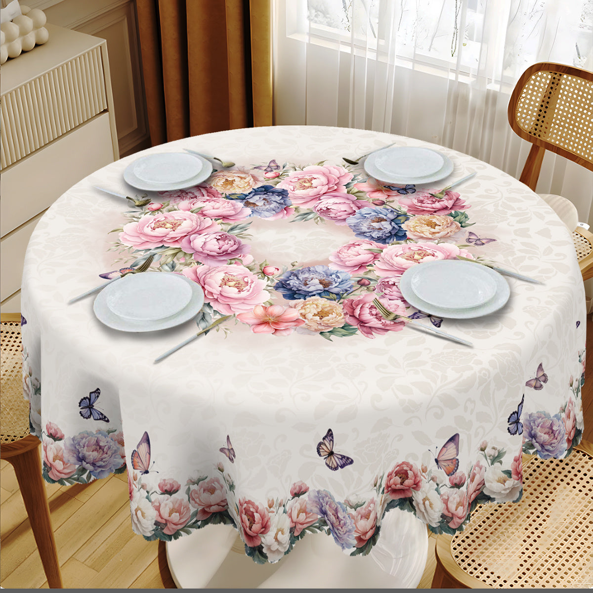 Rectangular polyester tablecloth with spring floral peony and butterfly rose design, machine-woven for indoor/outdoor parties and home decor. Perfect Easter spring decor gift.